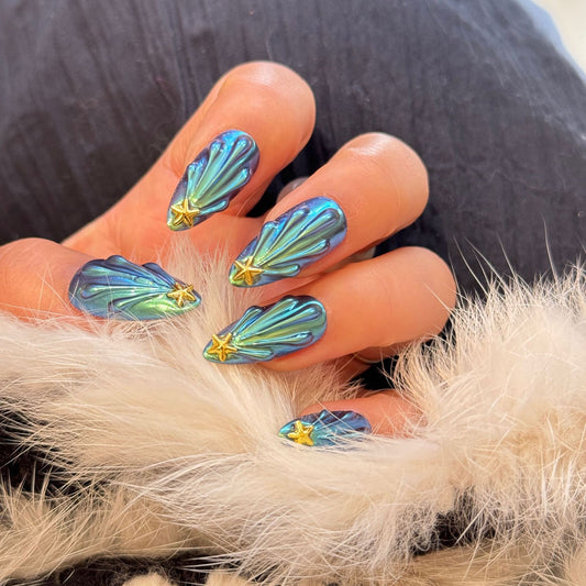 Teal Blue Gradient Metallic 3D Relief Gold Star Luxe