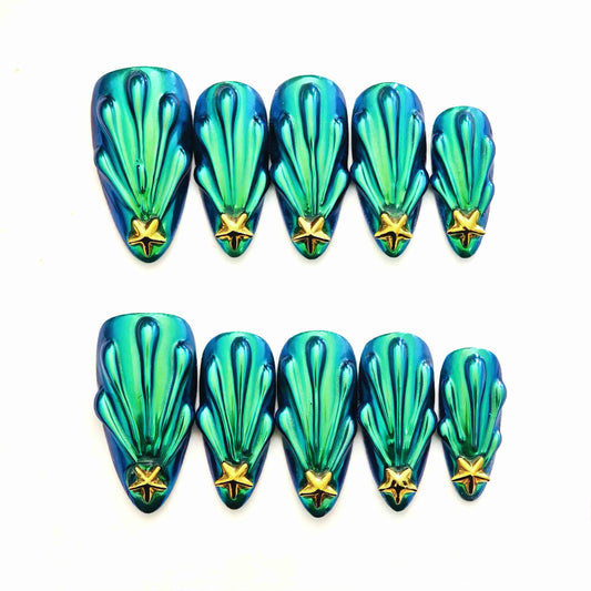 Teal Blue Gradient Metallic 3D Relief Gold Star Luxe